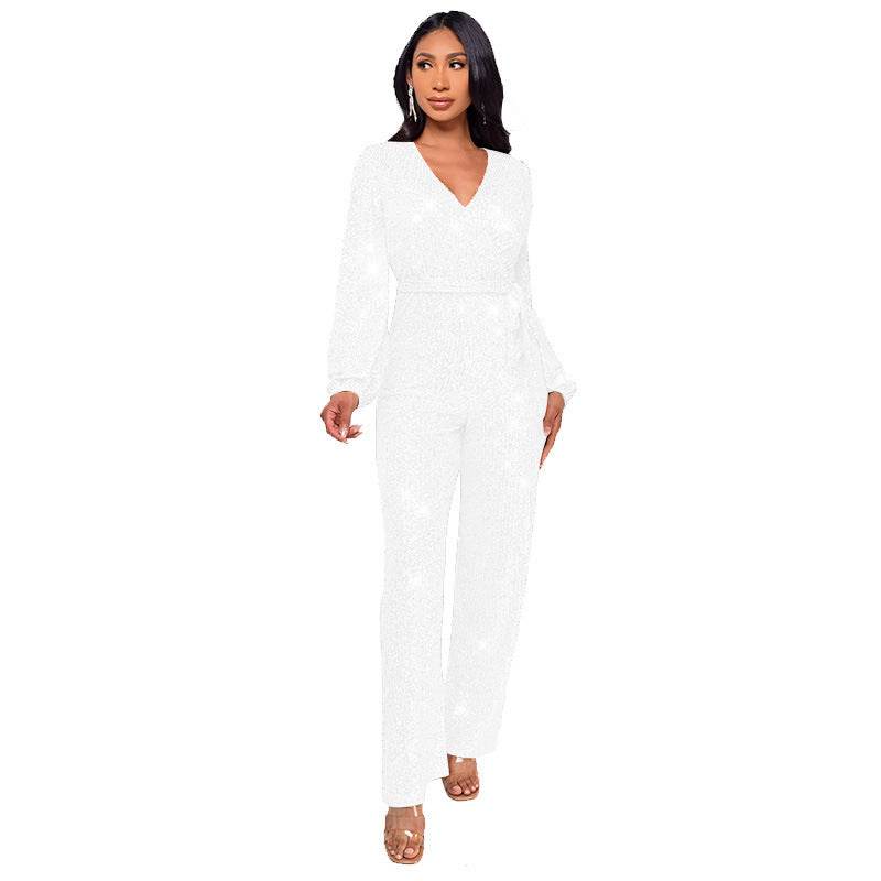 High Waist Wide Leg Sequined Belt Jumpsuit White