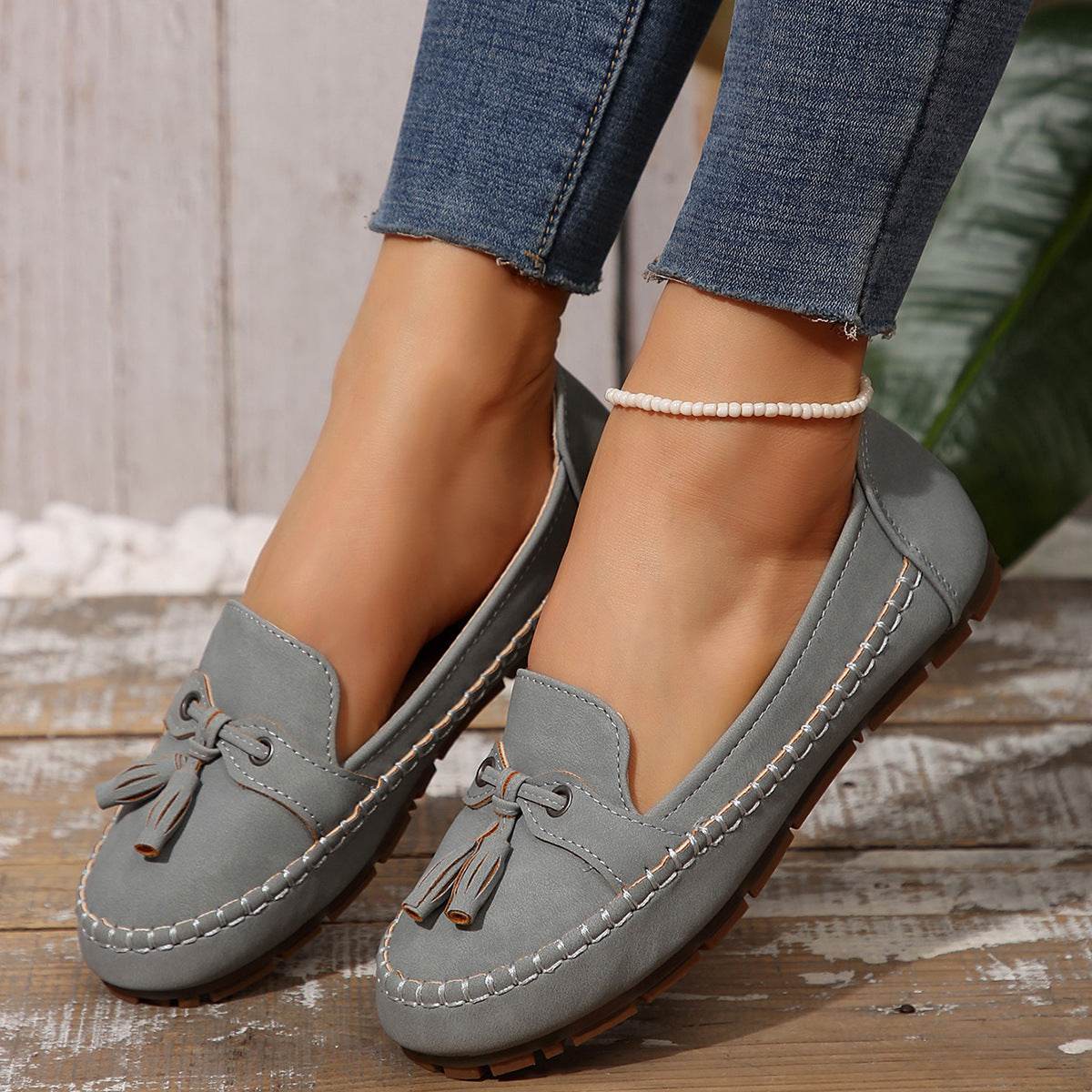Women's Round Head Loafers Fashion Non-slip Soft Comfortable Flats Shoes Gray