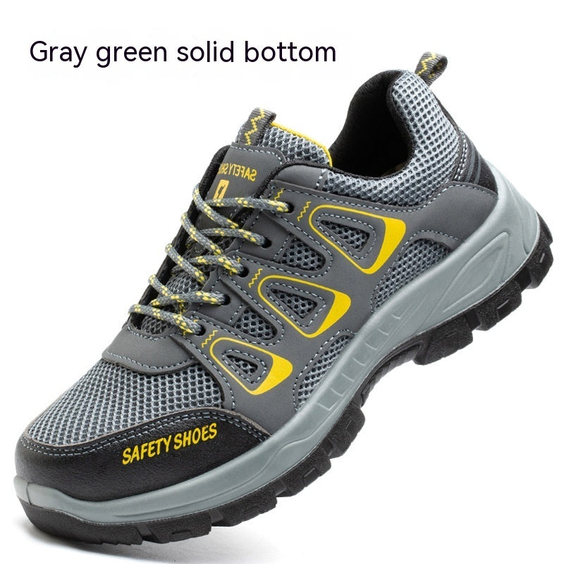 Breathable Mesh Fabric Anti Smashing And Puncture Protective Safety Shoes Grey green solid bottom