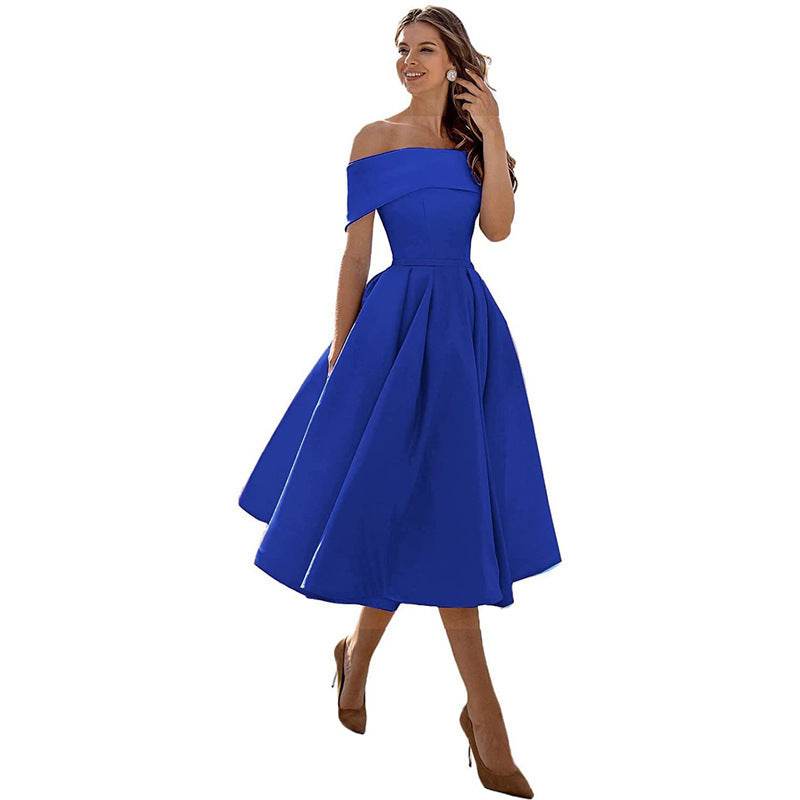 Women's Fashion Casual Strapless Satin Party Dress Off The Shoulder Tea Length Satin Prom Dresses With Pockts Formal Evening Party Dress Sapphire Blue