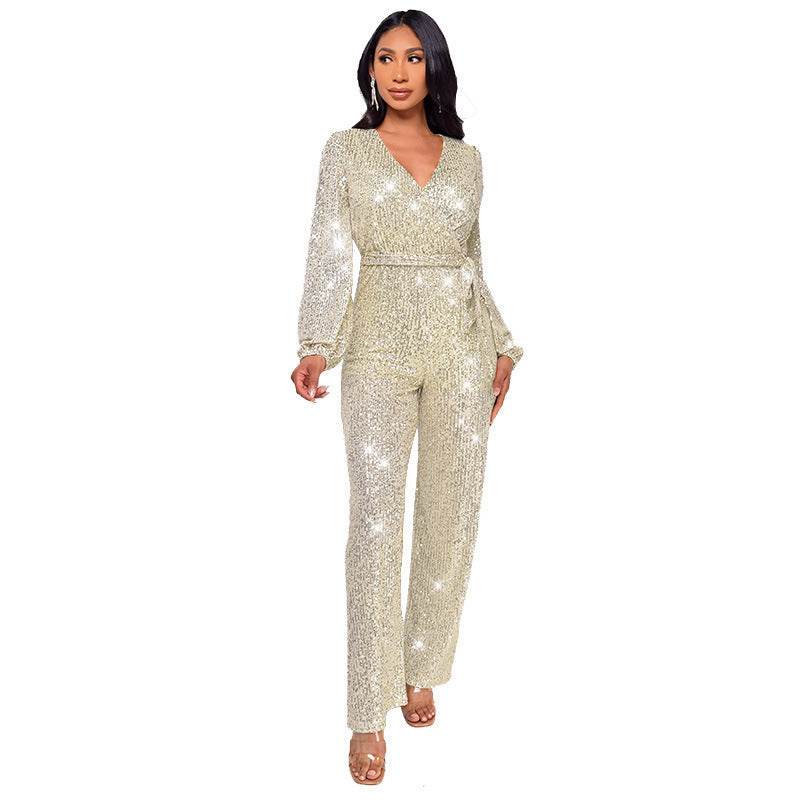 High Waist Wide Leg Sequined Belt Jumpsuit Beige Apricot