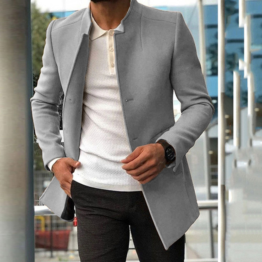 Men's Slim Coat Fashion Single-breasted Solid Color Business Jackets Fall And Winter Tops Outwear Clothing Grey