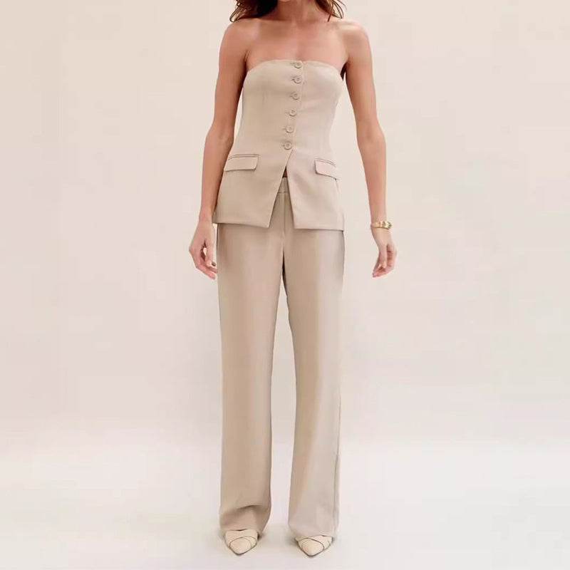 Graceful Tube Top Suit Fashion Button Sleeveless Top And Straight Pants Women's Trousers Set Apricot