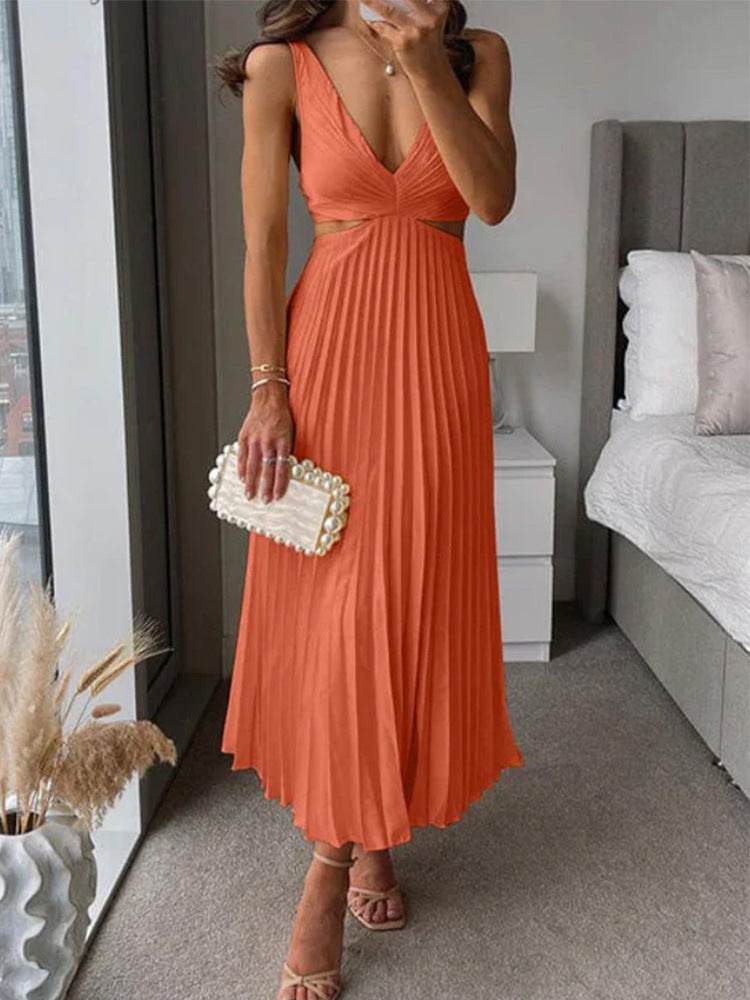 Ins Suspender Pleated Long Dress With Hollow-waisted Design Fashion V-neck Backless Dresses Summer Women's Clothing Watermelon Red