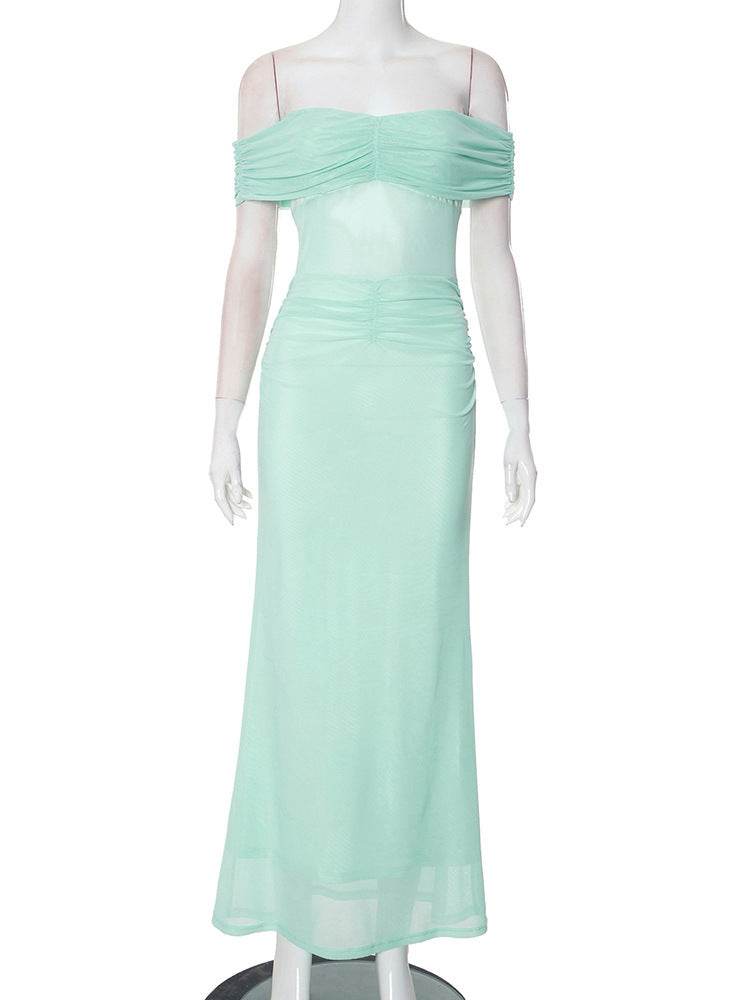 Women's Backless Off-shoulder Pleated Slim-fit Sheath Dress Light Green