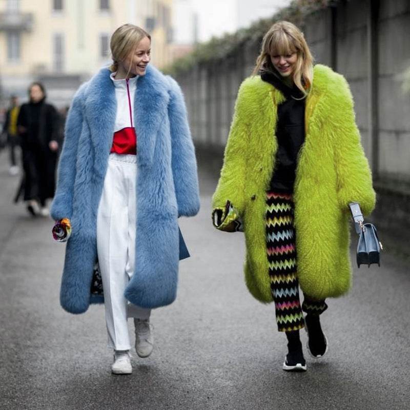 Autumn And Winter Thickening Imitation Fur Lapel Wool Coat Women Fluorescent Green