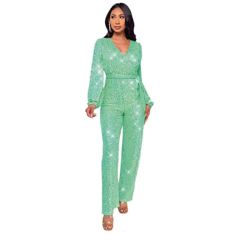 High Waist Wide Leg Sequined Belt Jumpsuit Light Green