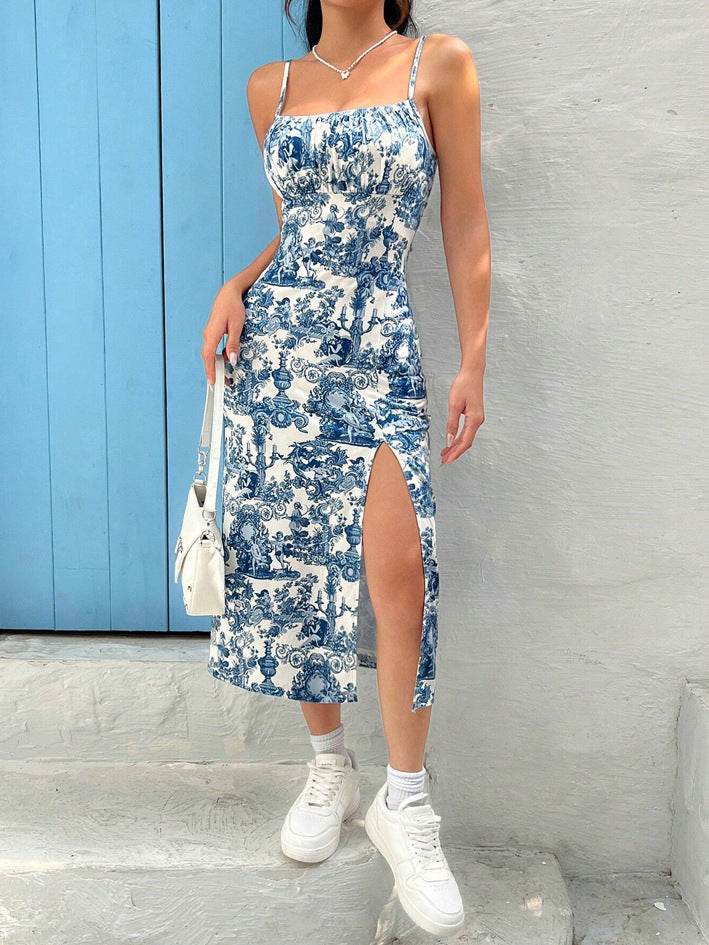 Leopard Print Sheath Long Dress Navy Blue Printing