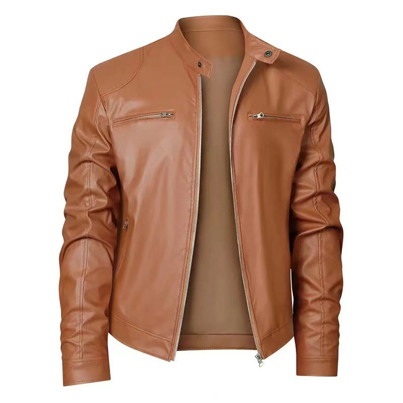 Gentleman's Warm Zipper Cardigan Pocket Decorated Pu Leather Coat Tan