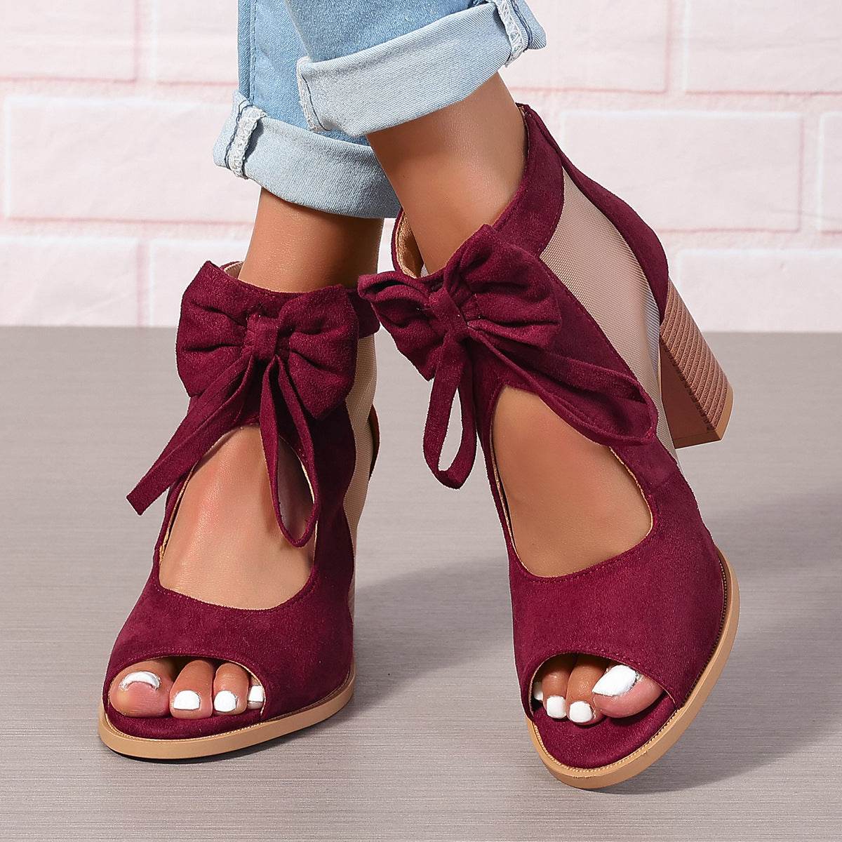 Platform Chunky High Heels Women's Sandals Bow Decoration Open Toe Block Ankle Strap Sandals For Dress Bridal Party Shoes Wine Red