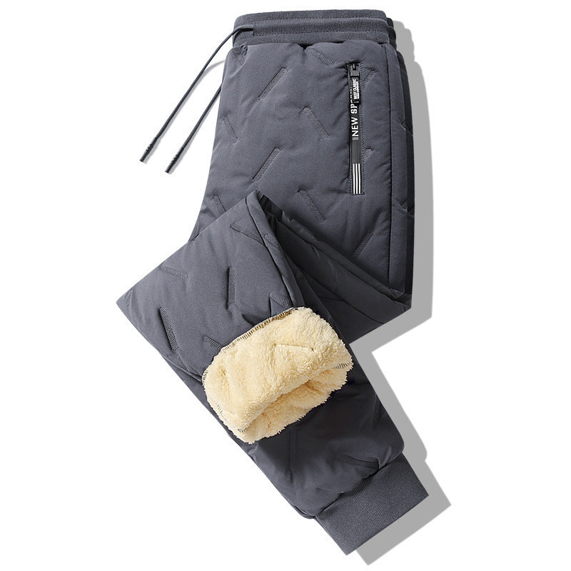 Winter Sweatwear Men Plush Thick Fleece Sweatpant Lambswool Thermal Trousers Casual Pants Waterproof Windproof Warm Cotton Pants Gray ankle strap thickened