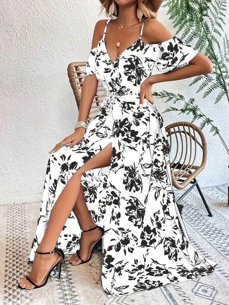 Ins Off-Shoulder Split Dress Summer Floral Print Suspender Long Dresses With Belt Design Women's Beach Clothing White