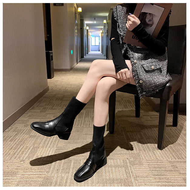 British Style Square Toe Mid-tube Knitted Martin Boots Women Black