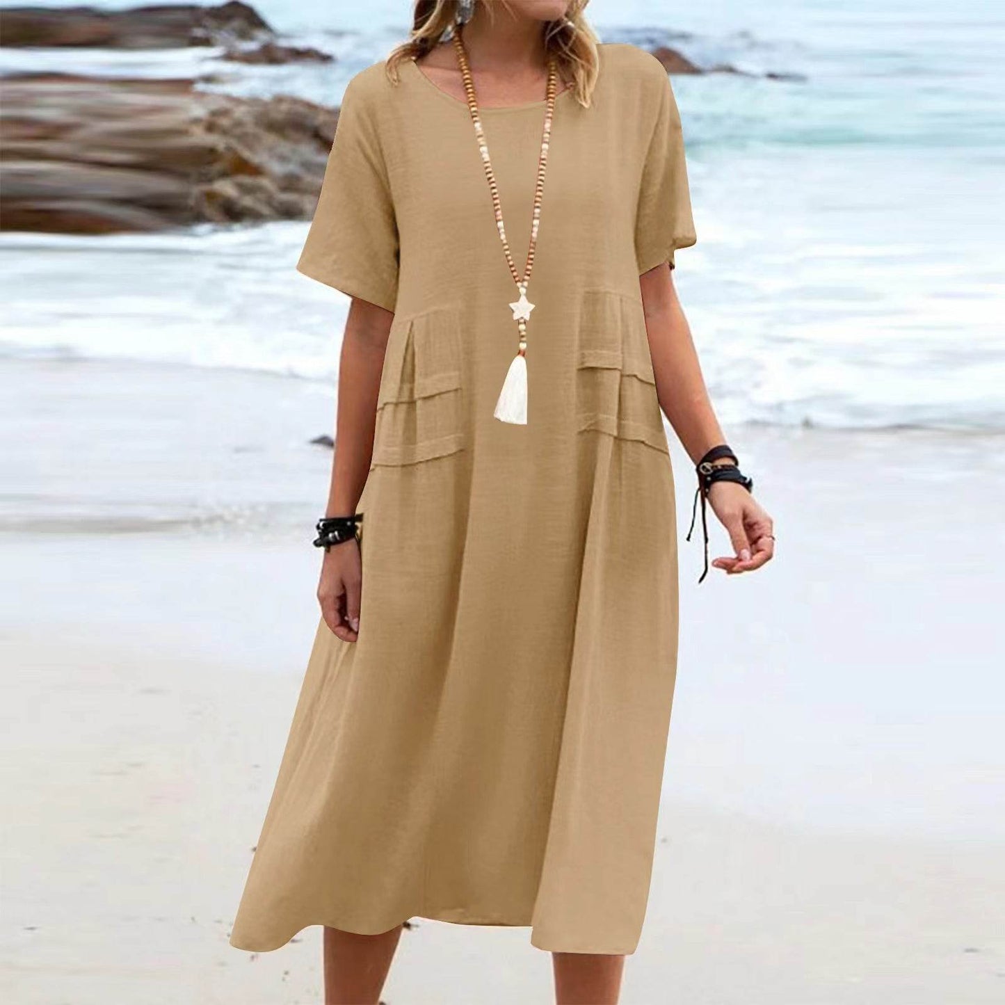 Women's Summer Loose Casual Midi Dress Breathable Cotton Linen Short-sleeve Mid-length Dresses Women Simple Beach Dress Dark khaki