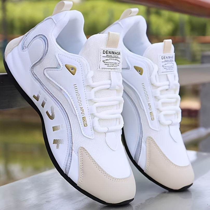 Fashion Colorblock Lace-up Sneakers For Men Breathable Low-top Dad Shoes Running Walking Sports Shoes Mesh White Grey
