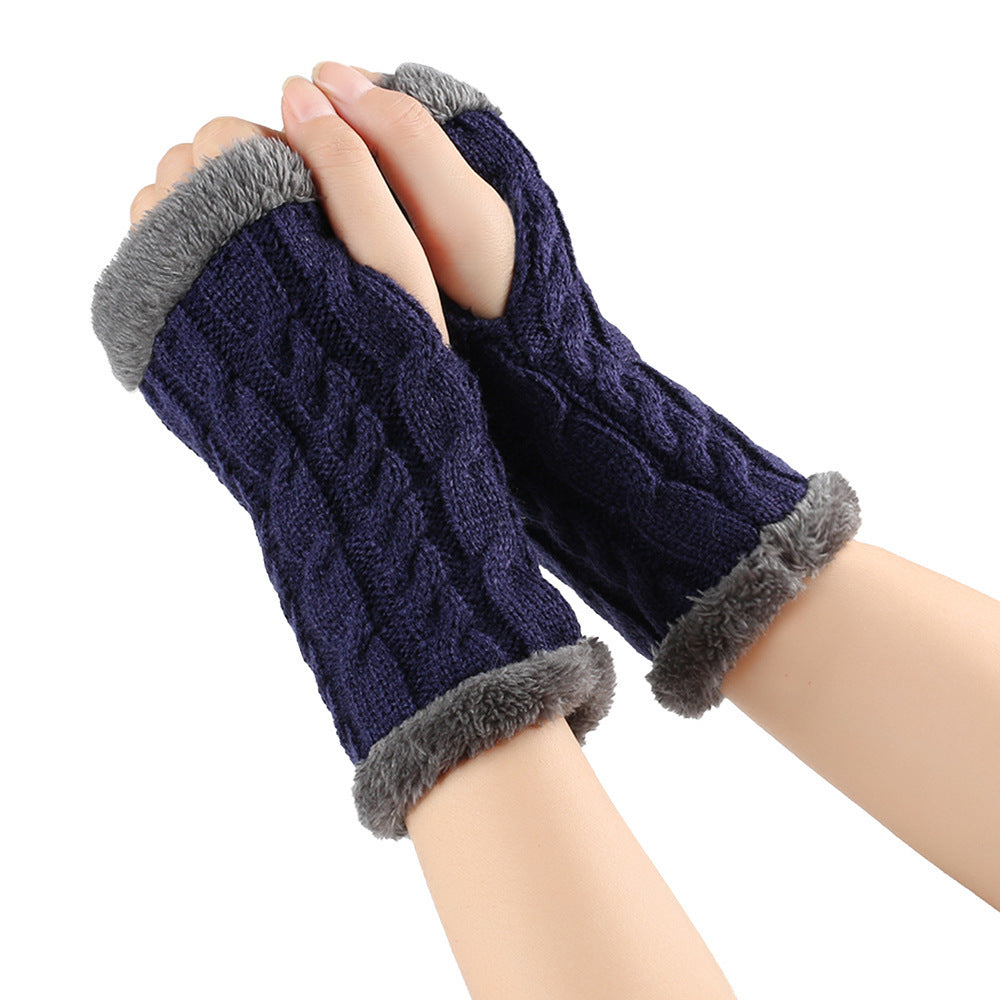 Winter Plush Gloves Twist Knitted Fingerless Fleece Gloves Women Warm Thickened Woolen Gloves Navy Blue One Size
