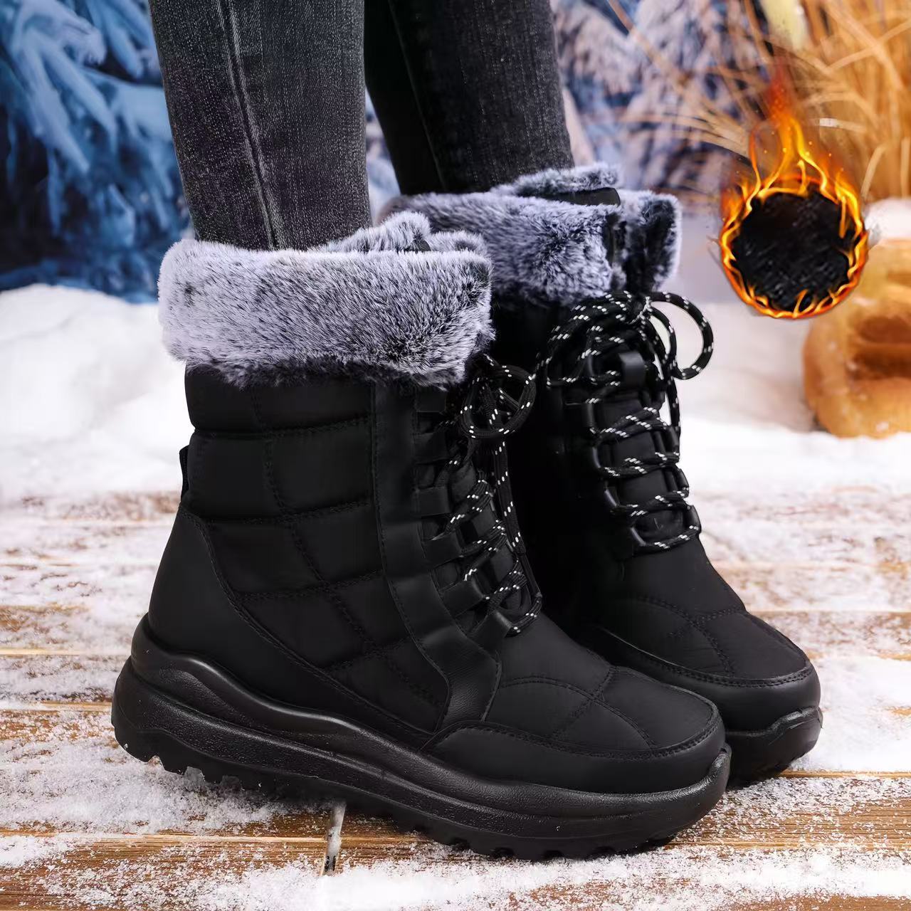 Women's High-top Snow Boots Fleece-lined Non-slip Waterproof Boots Black