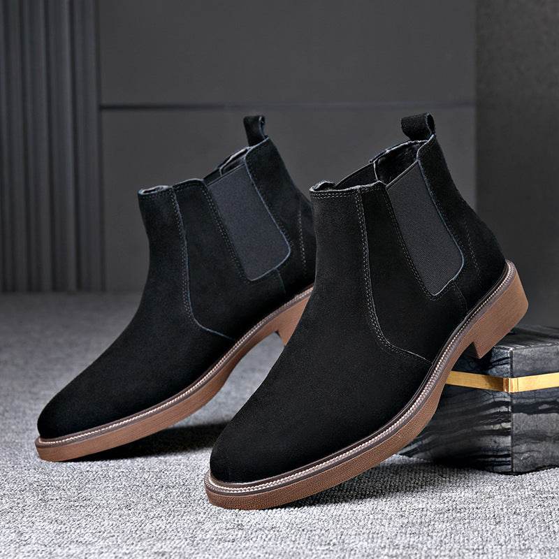 Men's Suede Leather Autumn And Winter New Fleece-lined Pointed Ankle Boots 1388 Black Plus Velvet
