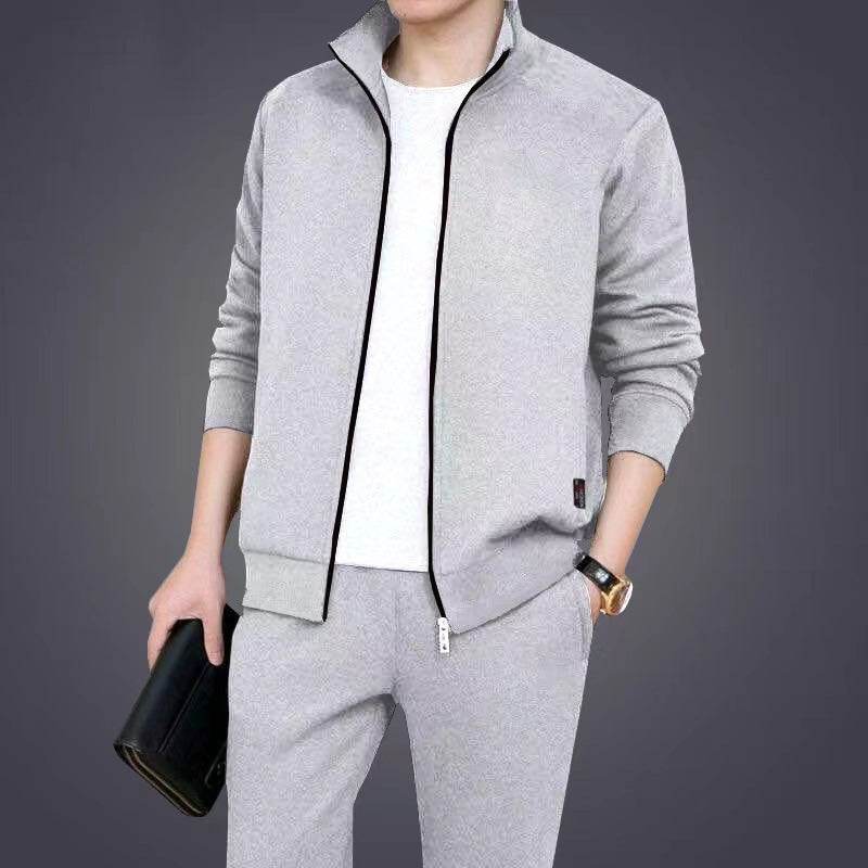 Spring And Autumn Plus Size Sports Casual Fashion Stand Collar Cardigan 2-piece Set Light Gray