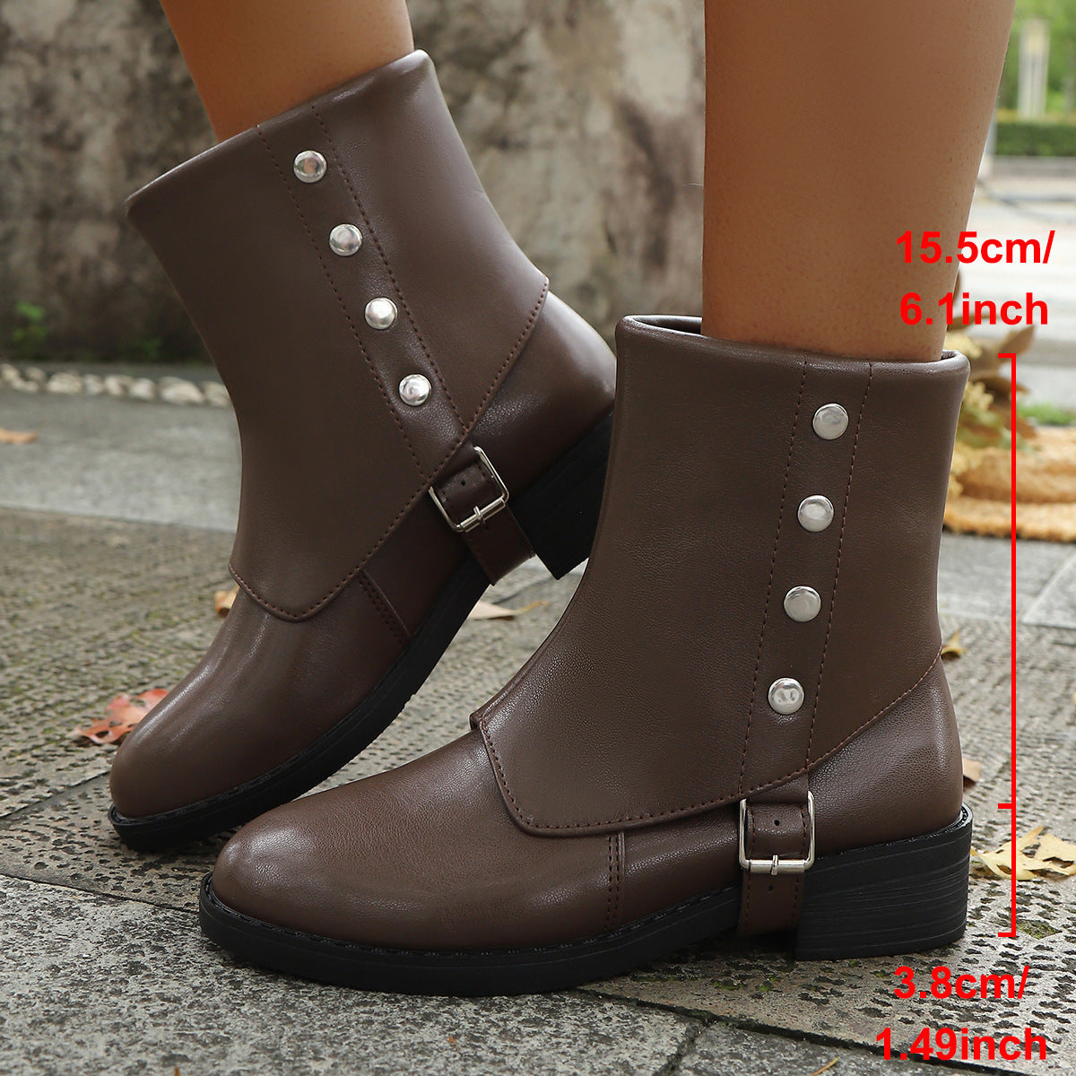 Belt Buckle Low Heel Knee-high Boots Plus Size Women's Boots Light Brown