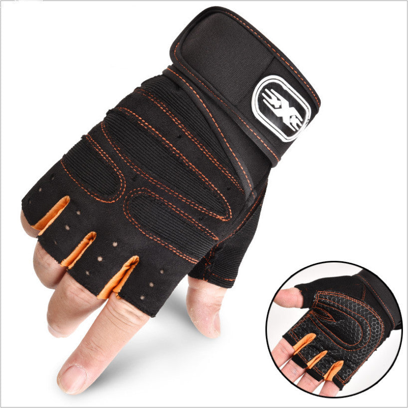 Cycling Gloves Half Finger Breathable Elastic Outdoor Bike Bicycle Riding Fitness Glove Accessories Orange and black
