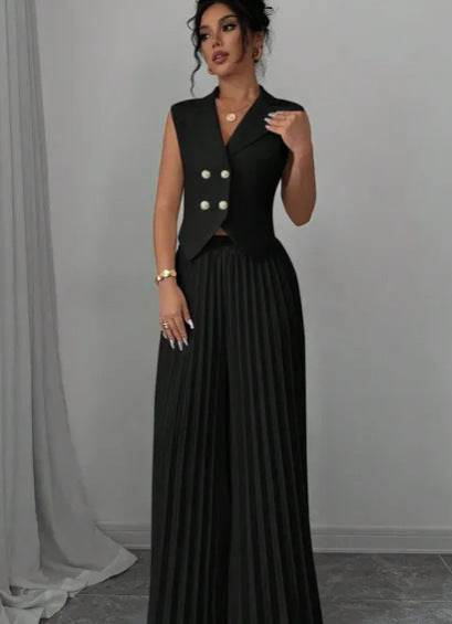 Summer Sleeveless Suit Fashion Lapel Button Vest Top And Pleated Straight Pants Women's Trousers Set Clothing Black