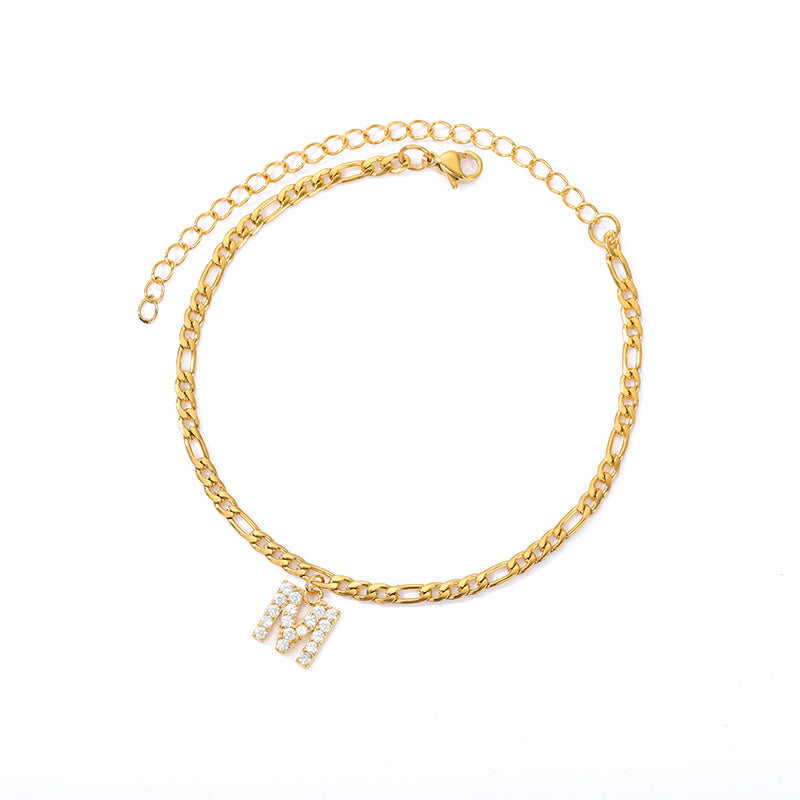 English Alphabet Stainless Steel Zircon All-match Anklet M