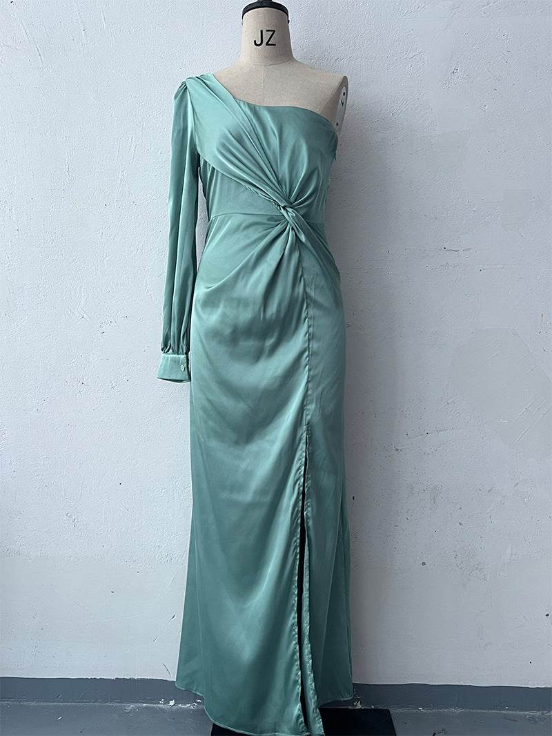 Women's One-shoulder Split Dress Ins Fashion Long-sleeved Slim Long Dresses Party Evening Clothing Light Green