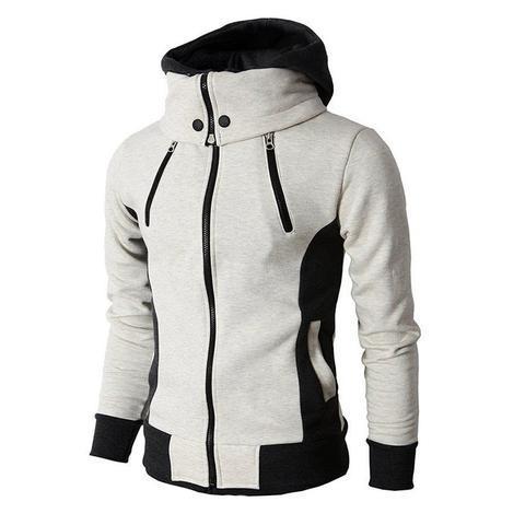 Men's Zip UP Hooded Jacket Fake Two Piece Sports Cardigan Casual Slim Sweatshirt Jacket Beige white