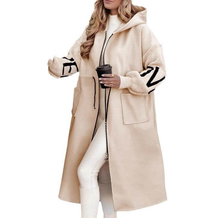 Hooded Windbreaker Long Jacket With Pockets And Drawstring Design Solid Color Knit-Sleeved Trench Coat For Women Clothing Fall Winter Apricot