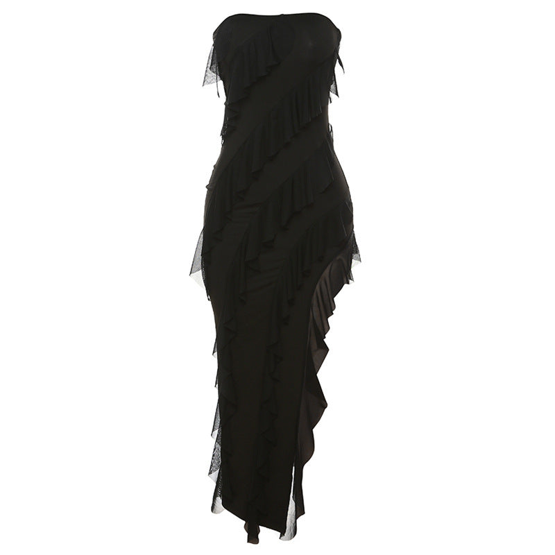 2024 Summer Trend Skinny Women's Fashion Tube Top Backless Split Tassel Dress Birthday Party Clubwear Black