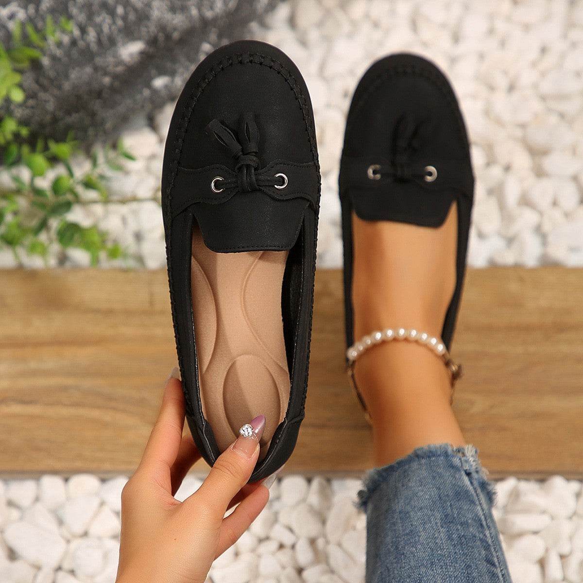 Women's Round Head Loafers Fashion Non-slip Soft Comfortable Flats Shoes Black
