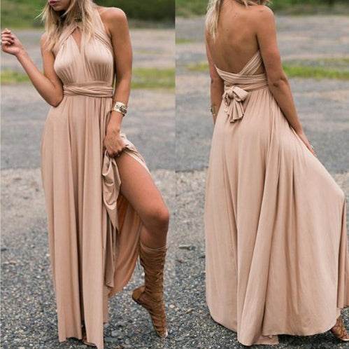 Women's Sexy Long Party Dress Club Floor-Length Summer Backless Bandage Maxi Dress Multiway Bridesmaids Boho Women Dress Vestidos Champagne