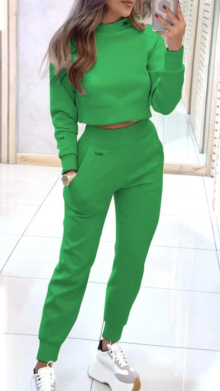 Stand Collar Sports Suit Fashion Pullover Long-sleeves Short Top And Slim Trousers With Pockets Solid Outfits Women's Clothing Green