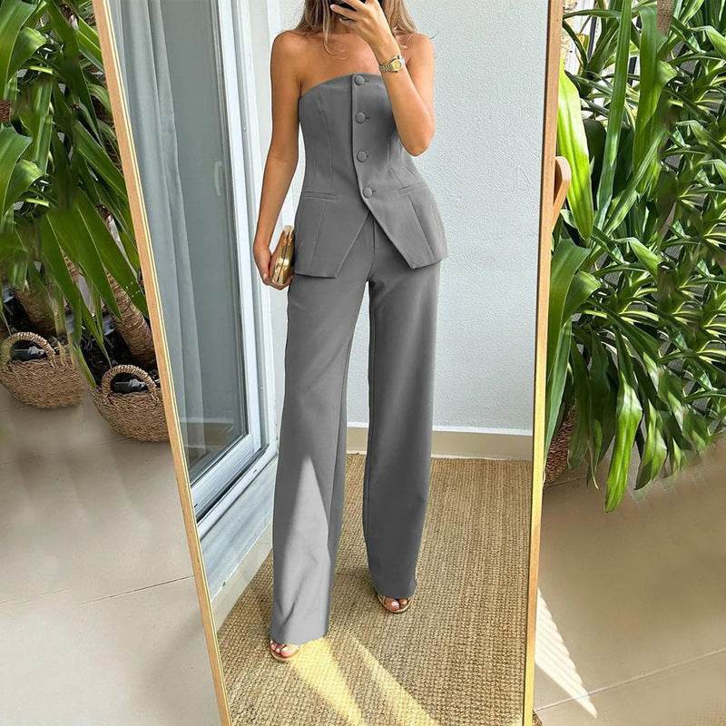 Graceful Tube Top Suit Fashion Button Sleeveless Top And Straight Pants Women's Trousers Set grey