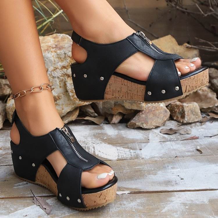 Summer Zipper Wedges Sandals Women's Lightweight Height Increasing Shoes Fashion Casual Sandals Black