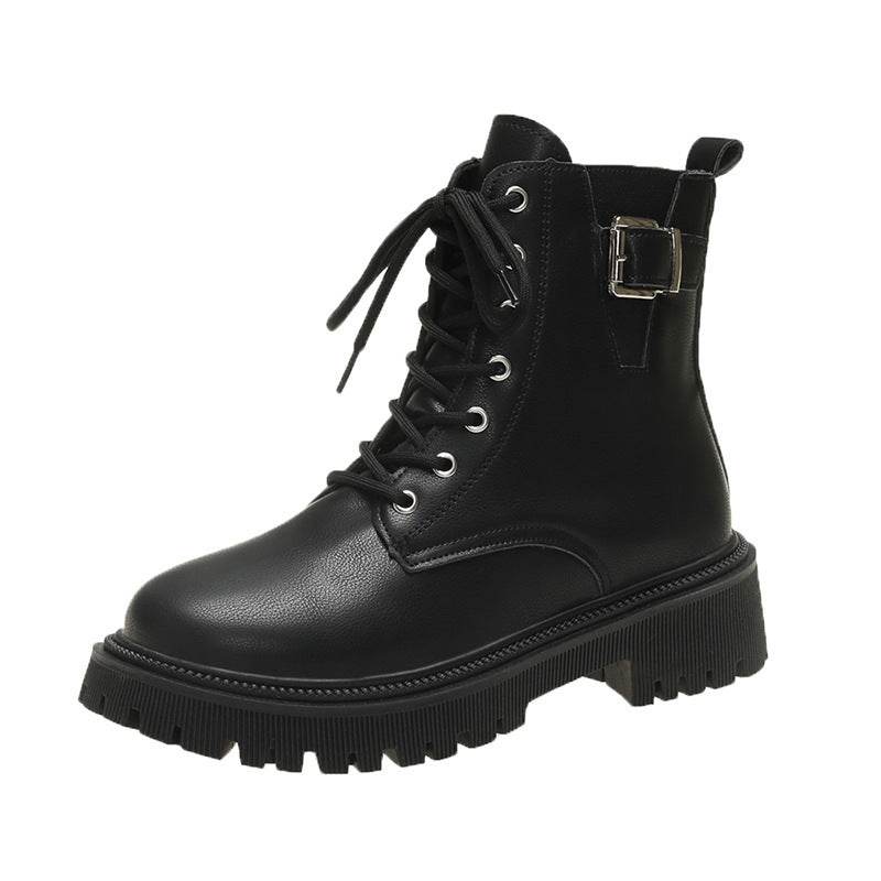 British Style Belt Buckle Lace Black Booties Autumn Winter Boots Black