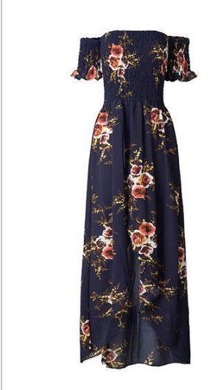 Boho style long dress women Off shoulder beach summer dresses navy
