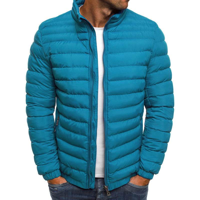 Men Jacket Zipper Solid Color Long Sleeves Pockets Coldproof Autumn Thicken Cotton Padded Overcoat For Outdoor Light Blue