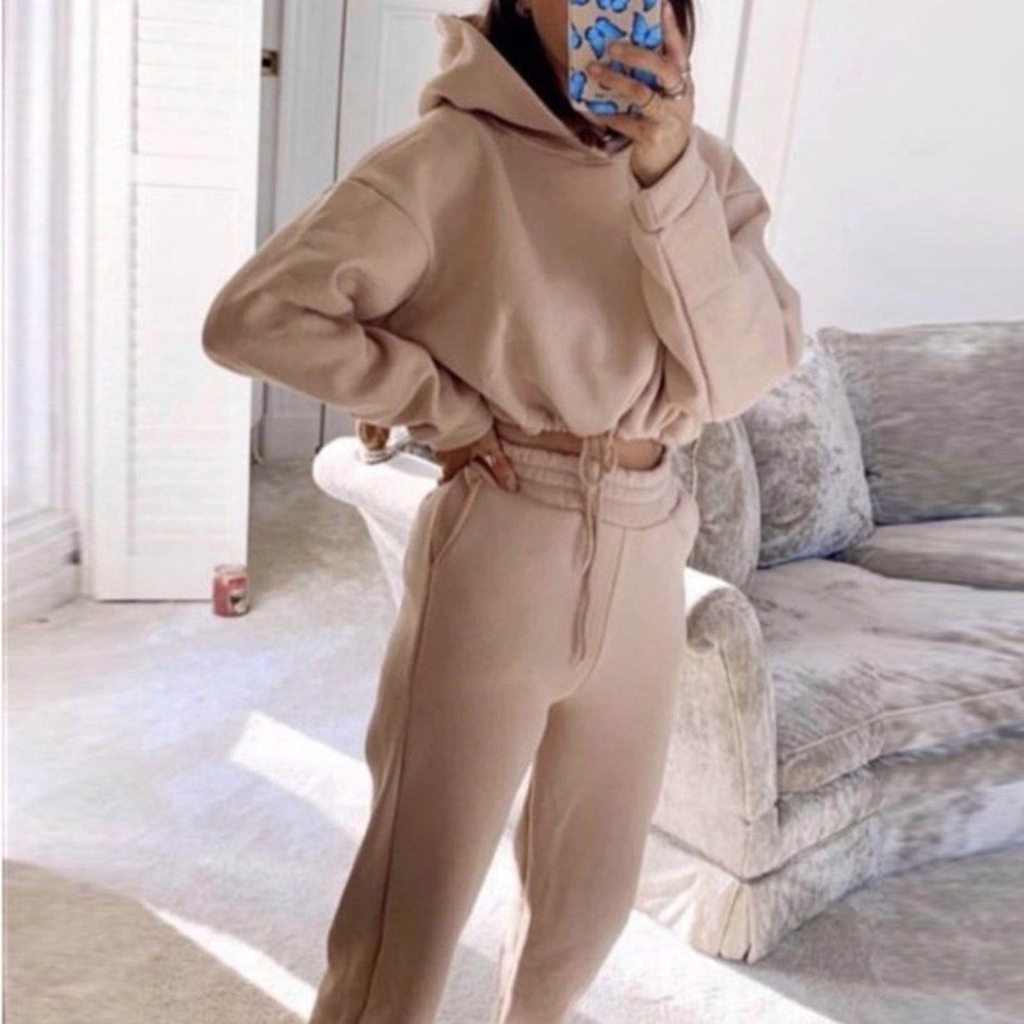 Jogging Suits For Women 2 Piece Sweatsuits Tracksuits Sexy Long Sleeve HoodieCasual Fitness Sportswear Khaki