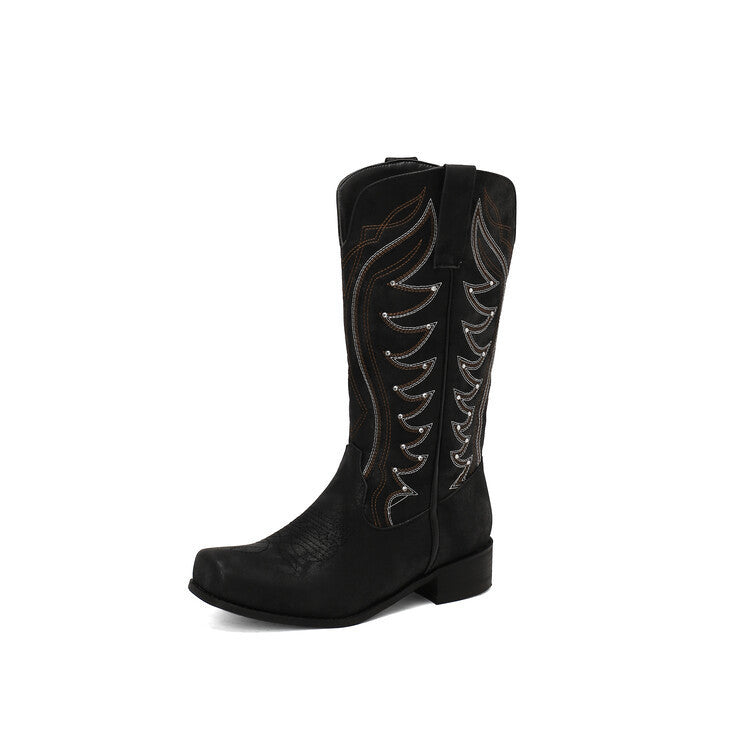 West Embroidered Denim Totem Square Toe Mid-heel High Leg Boot Black