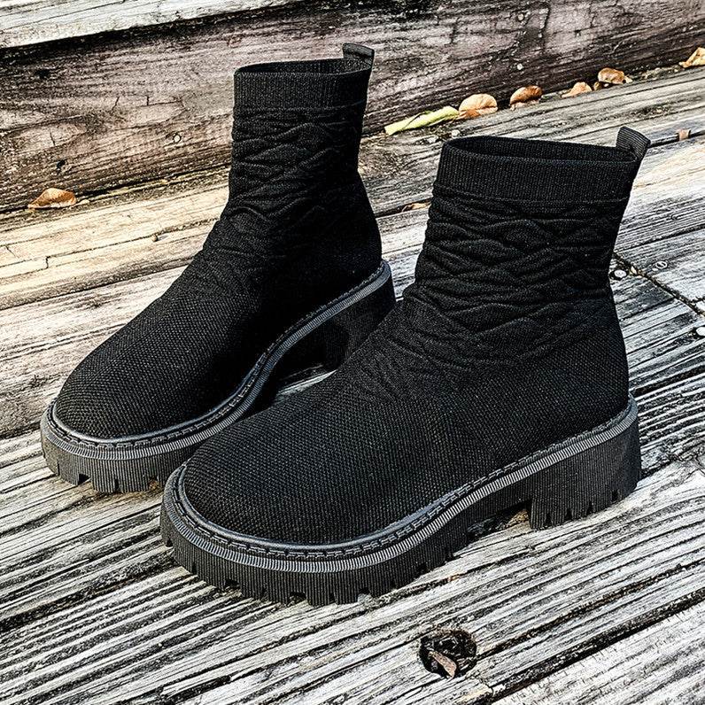Women's Thick Heel Solid Color Casual And Comfortable Martin Boots Black