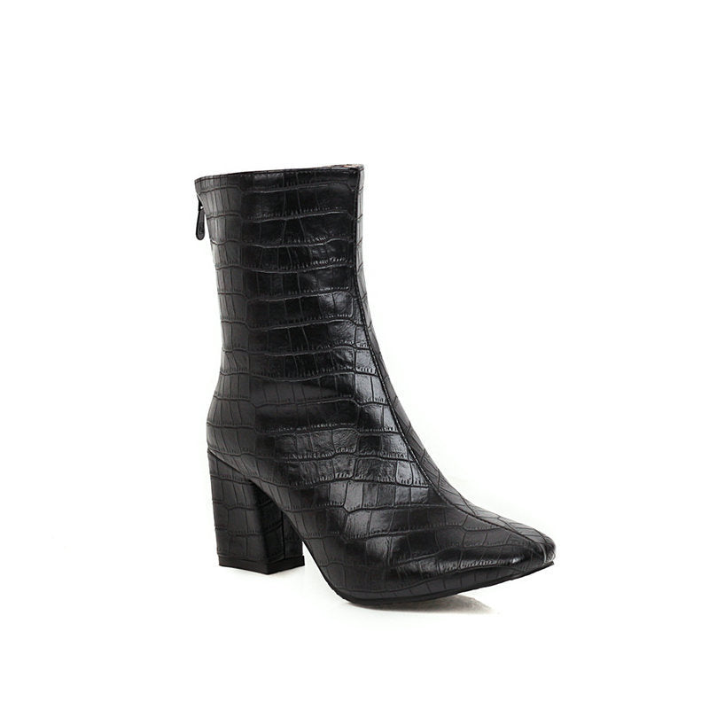 Stone Pattern Stretch Boots Square Toe Boots Black