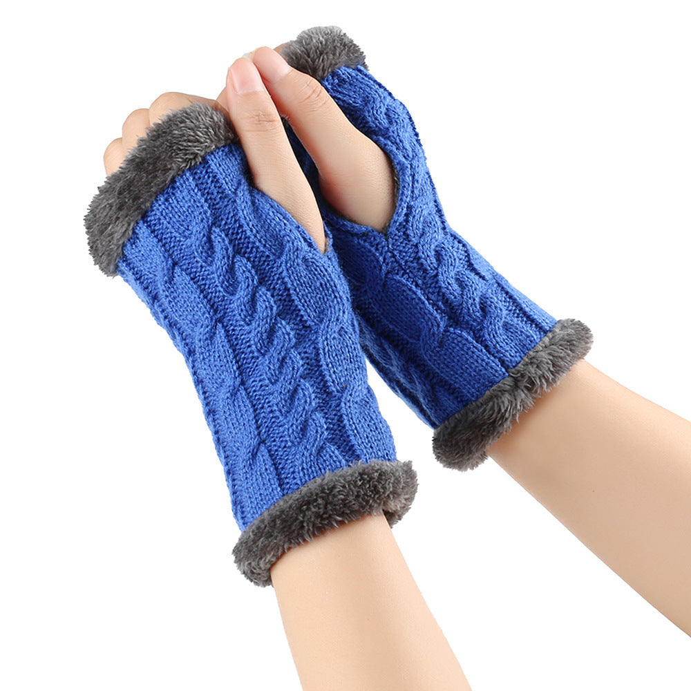 Winter Plush Gloves Twist Knitted Fingerless Fleece Gloves Women Warm Thickened Woolen Gloves Light Blue One Size