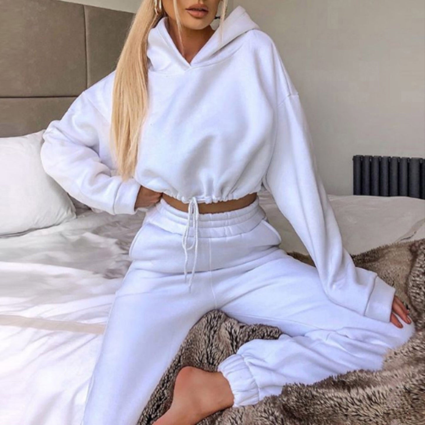 Jogging Suits For Women 2 Piece Sweatsuits Tracksuits Sexy Long Sleeve HoodieCasual Fitness Sportswear Big White