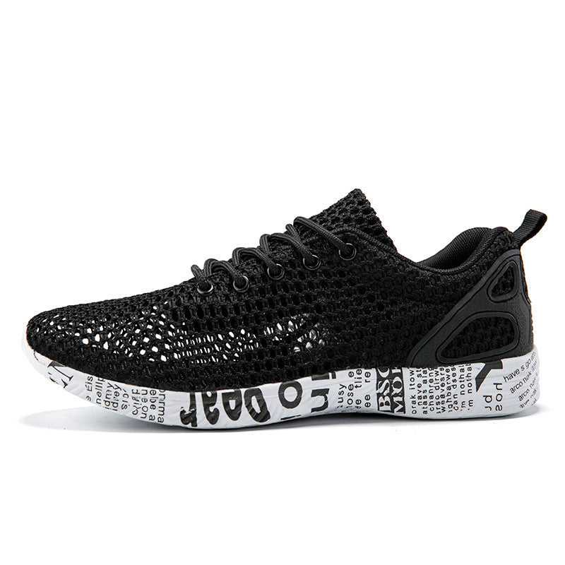 Casual Men's Shoes Breathable Sneakers Match Hollow Lace Board Shoes Black