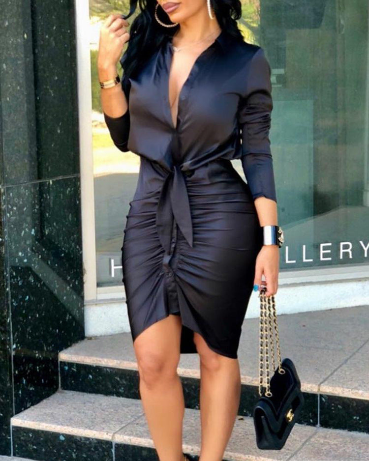 Women Lace-up Solid Color Long Sleeve Midi Dress Shirt Dress Elegant Fashion Party Dress Black