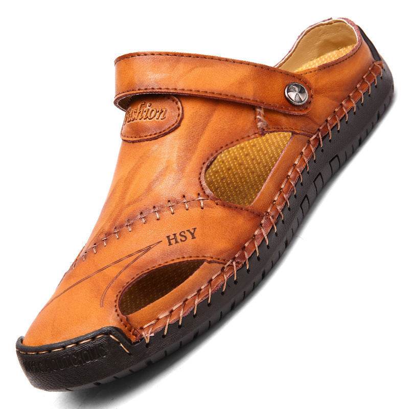 Men's Closed Toe Sandals Summer Adjustable Slides Slippers Fashion Beach Shoes Yellow brown
