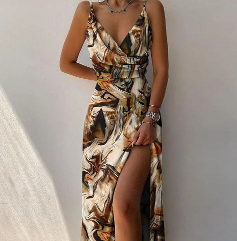 V-neck Slit Sling Dress Summer Fashion Sexy Slim Suspender Dresses For Women Clothing Brown print