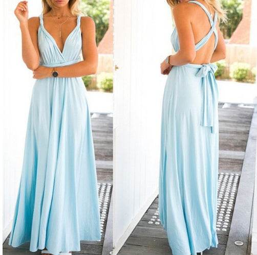 Women's Sexy Long Party Dress Club Floor-Length Summer Backless Bandage Maxi Dress Multiway Bridesmaids Boho Women Dress Vestidos Light Blue